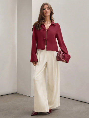 Women's Plain Khaki Front Tie Long Sleeve Minimalist Business Casual Work Shirt, Casual Daily Wear FAll,Long Sleeve Tops