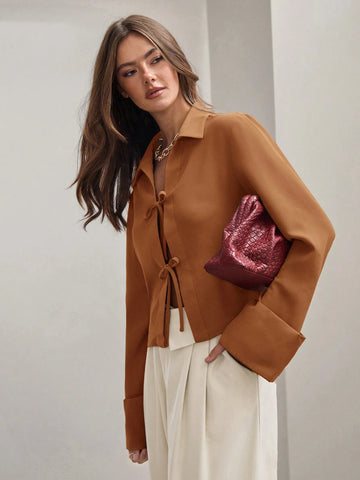 Women's Plain Khaki Front Tie Long Sleeve Minimalist Business Casual Work Shirt, Casual Daily Wear FAll