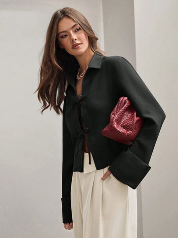 Women's Plain Khaki Front Tie Long Sleeve Minimalist Business Casual Work Shirt, Casual Daily Wear FAll