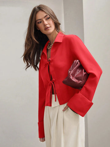 Women's Plain Khaki Front Tie Long Sleeve Minimalist Business Casual Work Shirt, Casual Daily Wear FAll