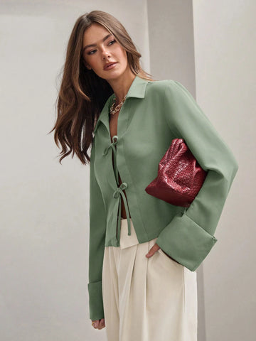 Women's Plain Khaki Front Tie Long Sleeve Minimalist Business Casual Work Shirt, Casual Daily Wear FAll