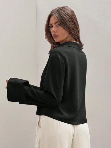 Women's Plain Khaki Front Tie Long Sleeve Minimalist Business Casual Work Shirt, Casual Daily Wear FAll