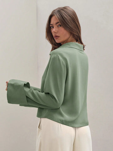 Women's Plain Khaki Front Tie Long Sleeve Minimalist Business Casual Work Shirt,