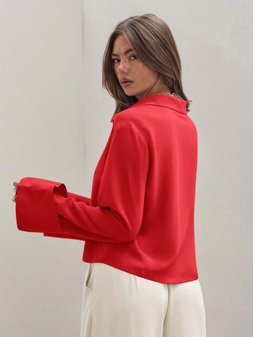 Women's Plain Khaki Front Tie Long Sleeve Minimalist Business Casual Work Shirt, Casual Daily Wear FAll