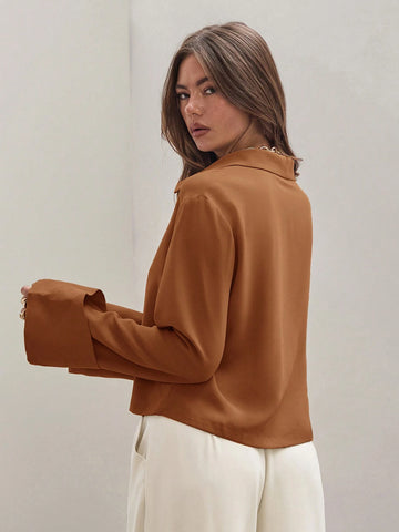 Women's Plain Khaki Front Tie Long Sleeve Minimalist Business Casual Work Shirt, Casual Daily Wear FAll