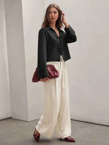Women's Plain Khaki Front Tie Long Sleeve Minimalist Business Casual Work Shirt, Casual Daily Wear FAll