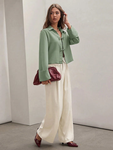 Women's Plain Khaki Front Tie Long Sleeve Minimalist Business Casual Work Shirt,