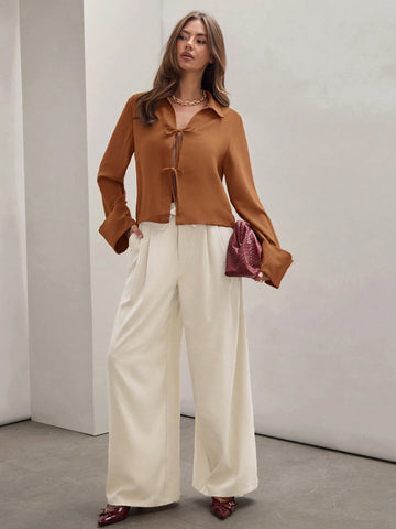 Women's Plain Khaki Front Tie Long Sleeve Minimalist Business Casual Work Shirt, Casual Daily Wear FAll