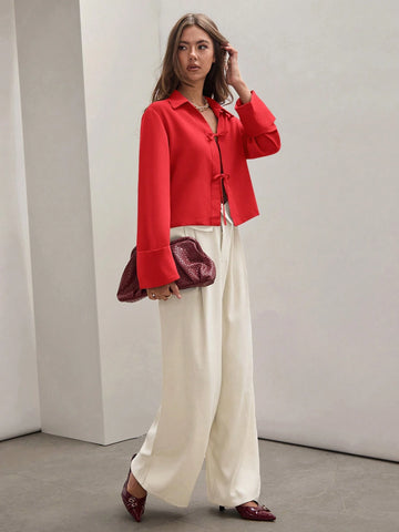 Women's Plain Khaki Front Tie Long Sleeve Minimalist Business Casual Work Shirt, Casual Daily Wear FAll