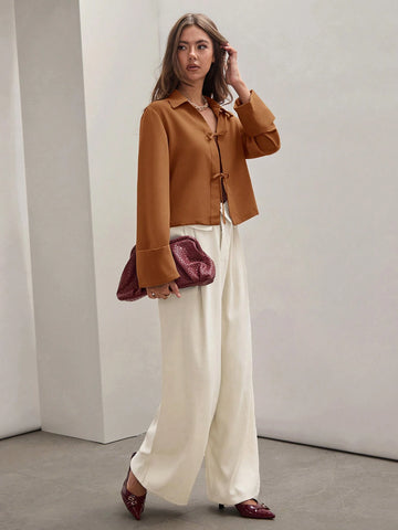 Women's Plain Khaki Front Tie Long Sleeve Minimalist Business Casual Work Shirt, Casual Daily Wear FAll