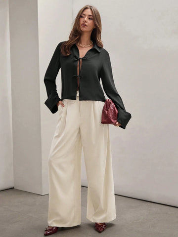 Women's Plain Khaki Front Tie Long Sleeve Minimalist Business Casual Work Shirt, Casual Daily Wear FAll
