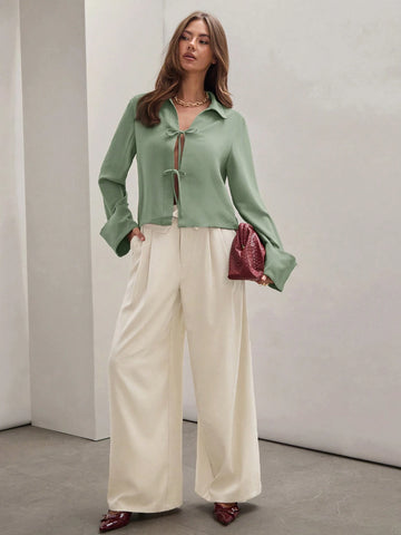 Women's Plain Khaki Front Tie Long Sleeve Minimalist Business Casual Work Shirt,