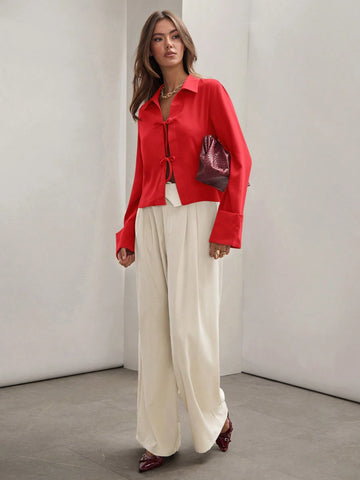 Women's Plain Khaki Front Tie Long Sleeve Minimalist Business Casual Work Shirt, Casual Daily Wear FAll