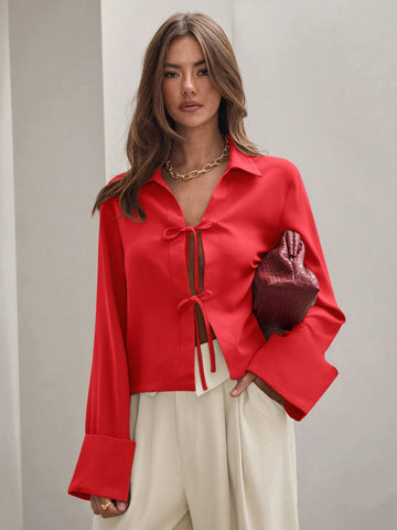 Women's Plain Khaki Front Tie Long Sleeve Minimalist Business Casual Work Shirt, Casual Daily Wear FAll