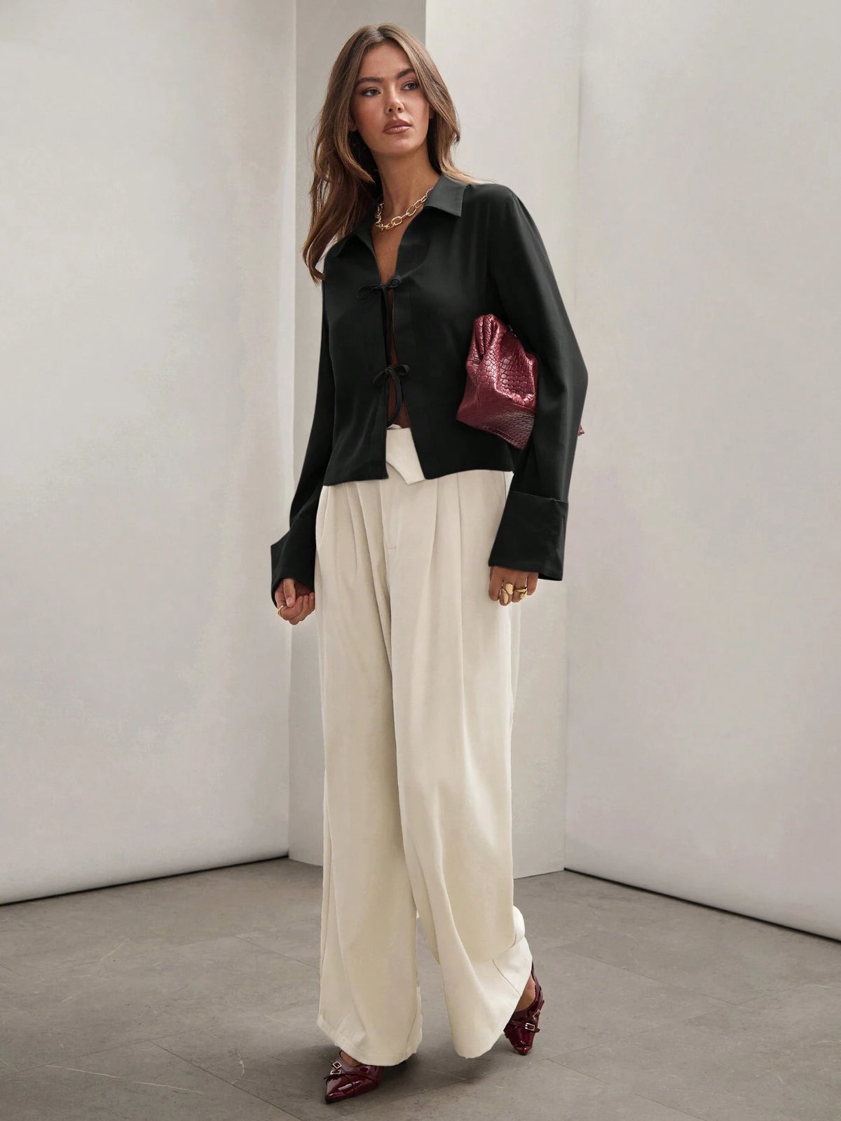 Women's Plain Khaki Front Tie Long Sleeve Minimalist Business Casual Work Shirt, Casual Daily Wear FAll