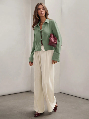 Women's Plain Khaki Front Tie Long Sleeve Minimalist Business Casual Work Shirt,