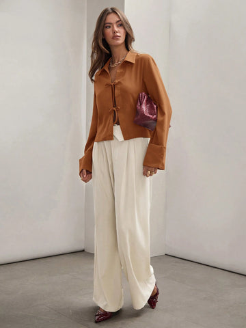 Women's Plain Khaki Front Tie Long Sleeve Minimalist Business Casual Work Shirt, Casual Daily Wear FAll