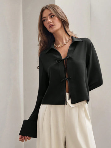 Women's Plain Khaki Front Tie Long Sleeve Minimalist Business Casual Work Shirt, Casual Daily Wear FAll