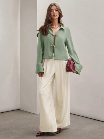 Women's Plain Khaki Front Tie Long Sleeve Minimalist Business Casual Work Shirt,