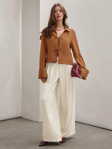 Women's Plain Khaki Front Tie Long Sleeve Minimalist Business Casual Work Shirt, Casual Daily Wear FAll