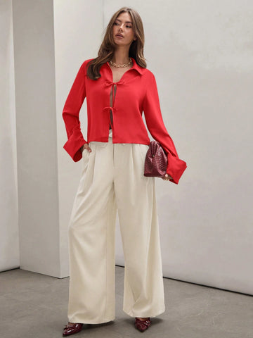 Women's Plain Khaki Front Tie Long Sleeve Minimalist Business Casual Work Shirt, Casual Daily Wear FAll