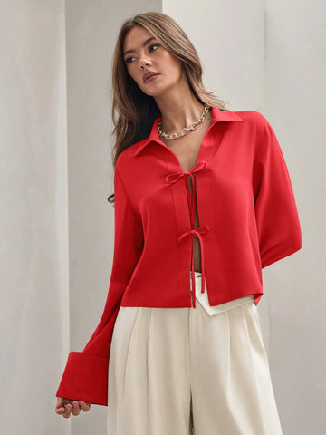 Women's Plain Khaki Front Tie Long Sleeve Minimalist Business Casual Work Shirt, Casual Daily Wear FAll