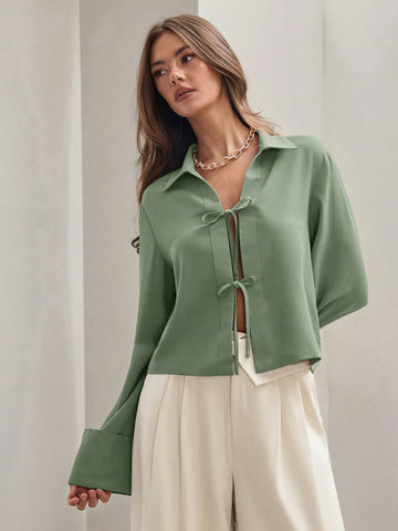 Women's Plain Khaki Front Tie Long Sleeve Minimalist Business Casual Work Shirt,