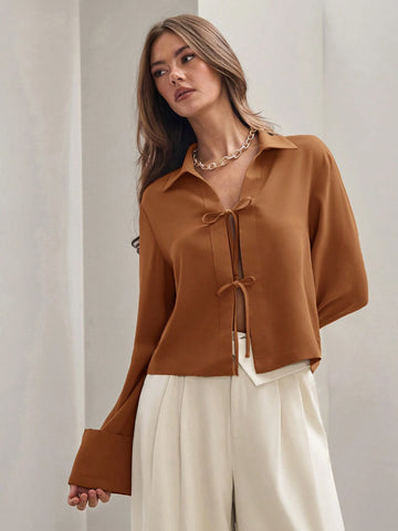 Women's Plain Khaki Front Tie Long Sleeve Minimalist Business Casual Work Shirt, Casual Daily Wear FAll