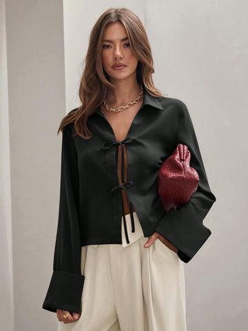 Women's Plain Khaki Front Tie Long Sleeve Minimalist Business Casual Work Shirt, Casual Daily Wear FAll