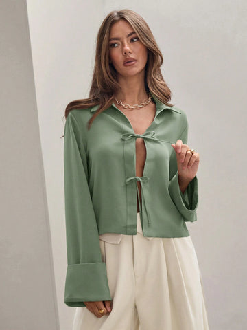 Women's Plain Khaki Front Tie Long Sleeve Minimalist Business Casual Work Shirt,