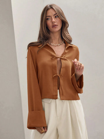 Women's Plain Khaki Front Tie Long Sleeve Minimalist Business Casual Work Shirt, Casual Daily Wear FAll