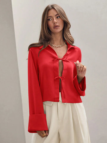 Women's Plain Khaki Front Tie Long Sleeve Minimalist Business Casual Work Shirt, Casual Daily Wear FAll