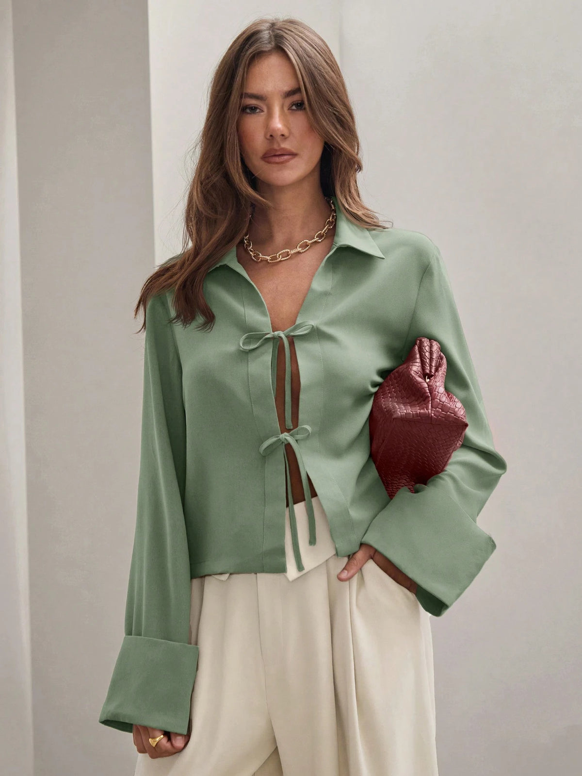 Women's Plain Khaki Front Tie Long Sleeve Minimalist Business Casual Work Shirt, Casual Daily Wear FAll