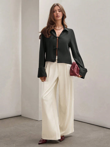 Women's Plain Khaki Front Tie Long Sleeve Minimalist Business Casual Work Shirt, Casual Daily Wear FAll