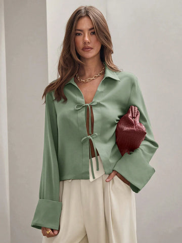 Women's Plain Khaki Front Tie Long Sleeve Minimalist Business Casual Work Shirt,