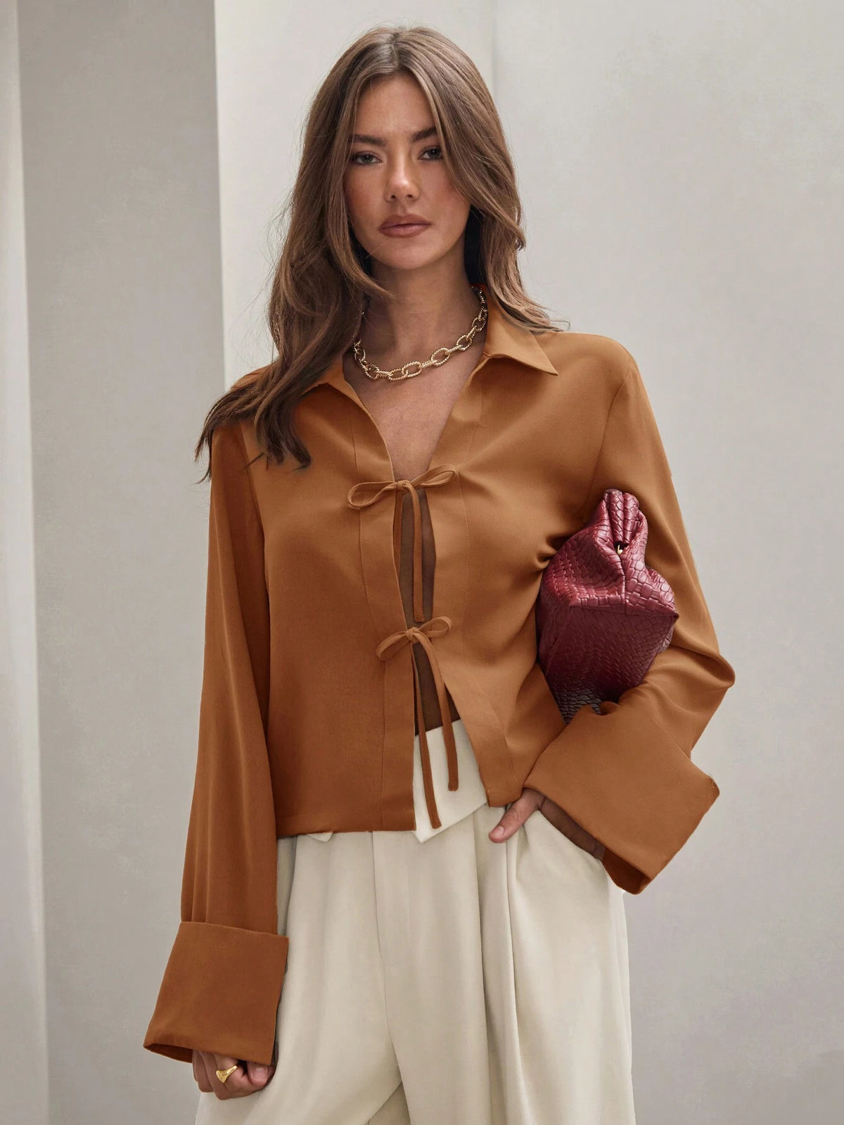 Women's Plain Khaki Front Tie Long Sleeve Minimalist Business Casual Work Shirt, Casual Daily Wear FAll