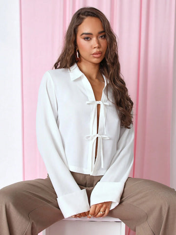 Women's Plain White Front Tie Long Sleeve Minimalist Business Casual Work Shirt,