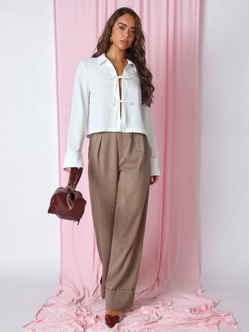 Women's Plain White Front Tie Long Sleeve Minimalist Business Casual Work Shirt,