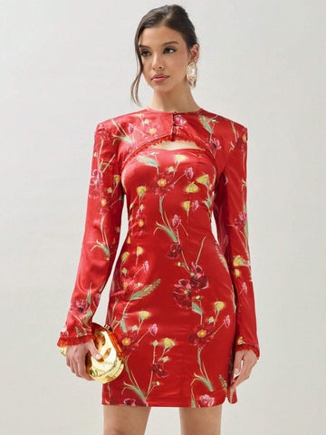 COSMINA Women's Random Printed Long Sleeve Top & Simple Daily Dress Set, 2pcs