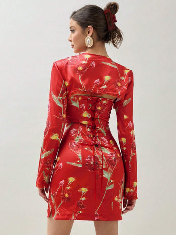 COSMINA Women's Random Printed Long Sleeve Top & Simple Daily Dress Set, 2pcs