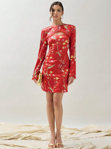 COSMINA Women's Random Printed Long Sleeve Top & Simple Daily Dress Set, 2pcs