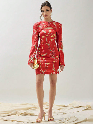 COSMINA Women's Random Printed Long Sleeve Top & Simple Daily Dress Set, 2pcs