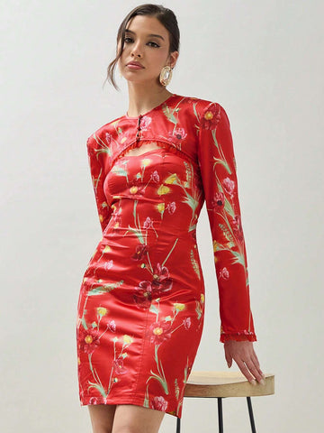 COSMINA Women's Random Printed Long Sleeve Top & Simple Daily Dress Set, 2pcs