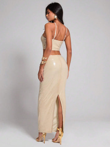 COSMINA Women's Sequin Champagne Halter Top & Form-Fitting Split Hem Skirt 2 Piece Set
