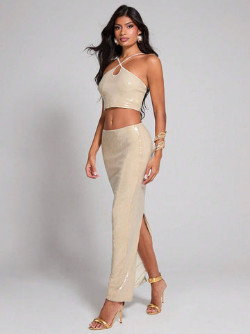 COSMINA Women's Sequin Champagne Halter Top & Form-Fitting Split Hem Skirt 2 Piece Set