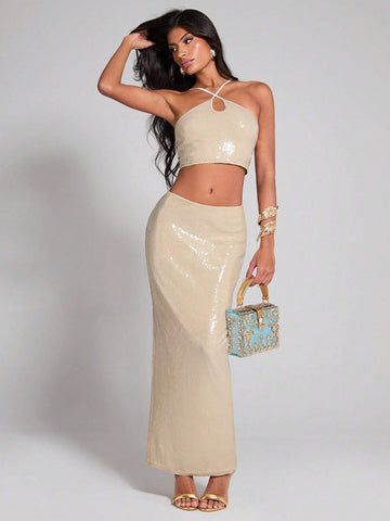 COSMINA Women's Sequin Champagne Halter Top & Form-Fitting Split Hem Skirt 2 Piece Set