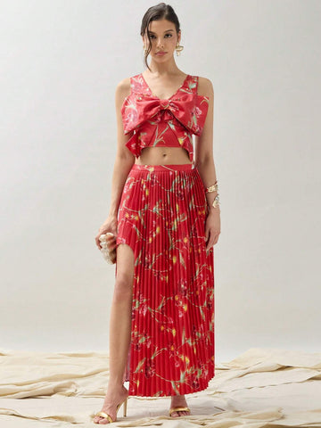 Women's Sleeveless Floral Printed Bow Tie Blouse Top And Pleated Skirt
