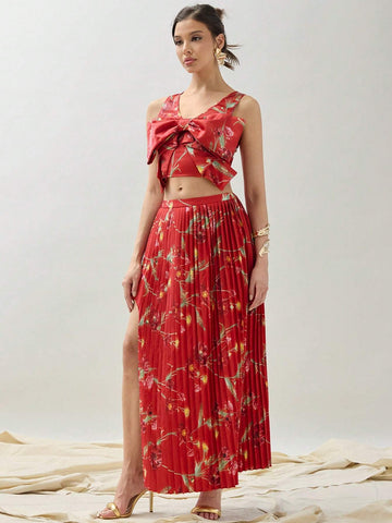Women's Sleeveless Floral Printed Bow Tie Blouse Top And Pleated Skirt