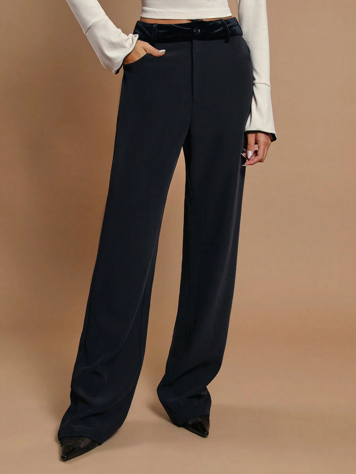 COSMINA Women's Solid Color Button Front Pocket Simple Casual Pants, Everyday Wear