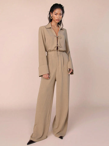 COSMINA Women's Solid Color Front-Tie Long Sleeve Casual Jumpsuit